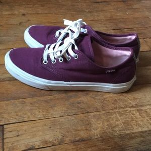 Burgundy vans with grey stripe